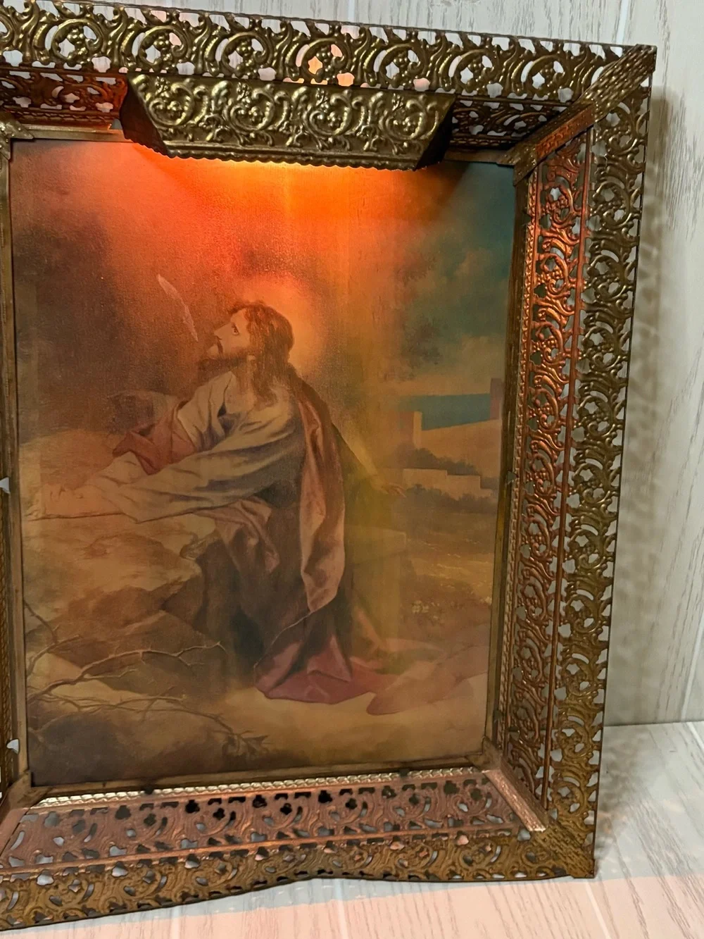 Vintage Antique Lighted 3D Hologram Jesus Lenticular Framed Metal Tested